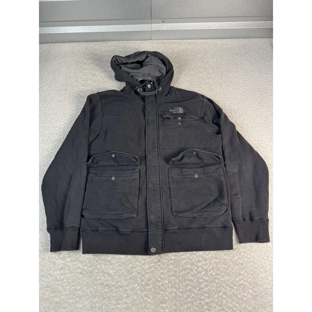 The North Face Jacket Mens Large Black Hooded Fleece Lined Snap Front Full Zip